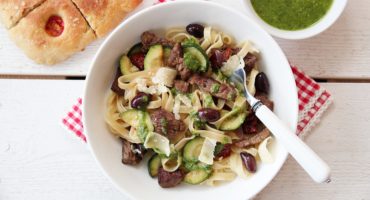 Image: Pasta med biffstrimler og basilikumpesto